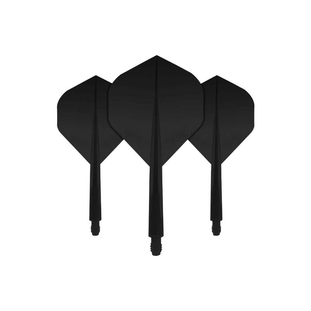 Das Bild zeigt drei schwarze Dartflights mit integriertem Schaft. Es handelt sich um das Produkt "Condor Axe Black Flight-System Standard".